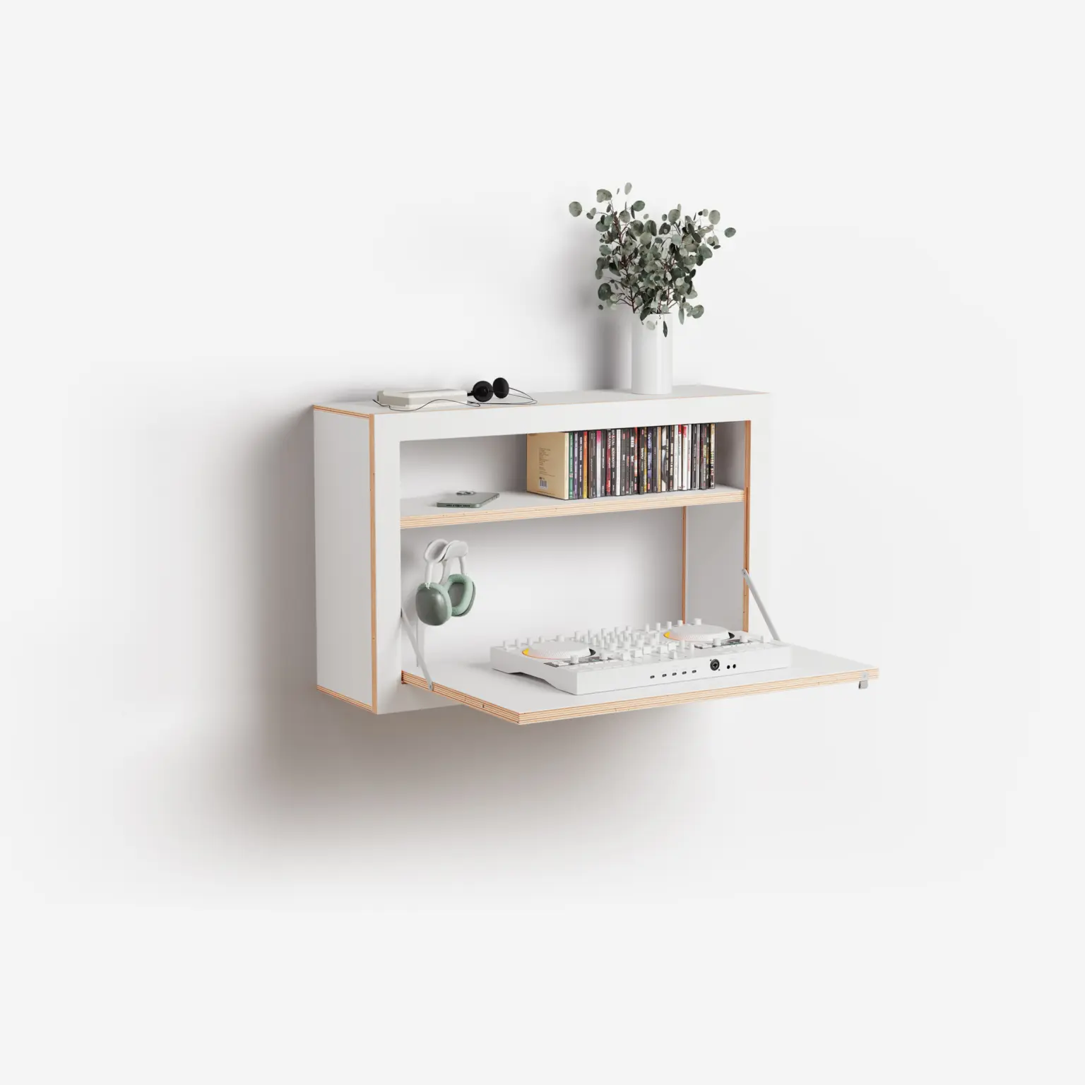 Wall desk with storage, 80×50×20 white – workspace with a laptop, side view